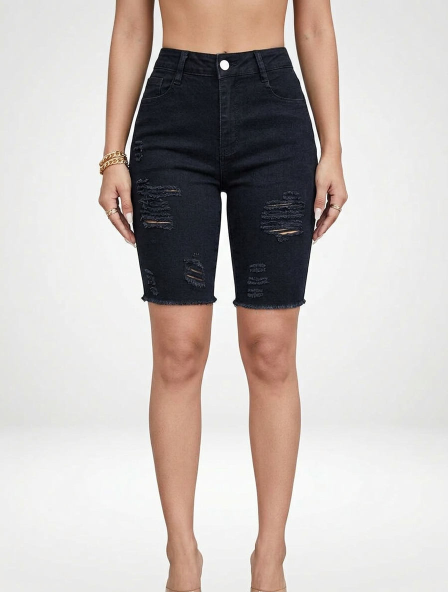 Women’s Fitted Denim Jeans Bermuda Shorts Distressed Design