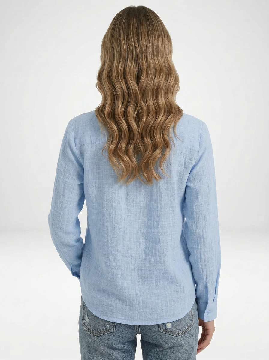 Women's Solid Button Front Long Sleeve Collared Blouse