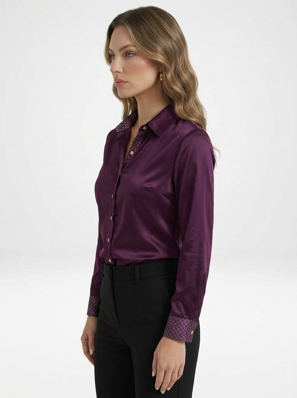 Women's Satin Long Sleeve Button-Up Blouse with Collar