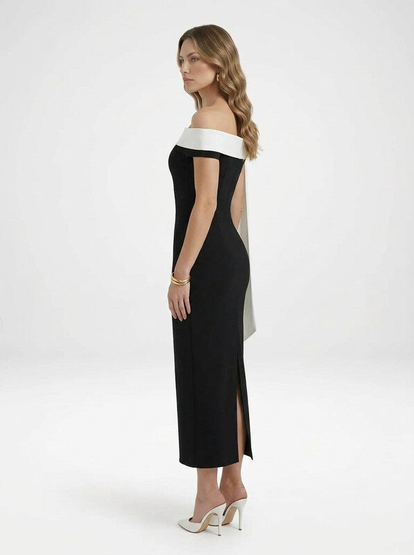 Elegant Off Shoulder Evening Gown Midi Dress