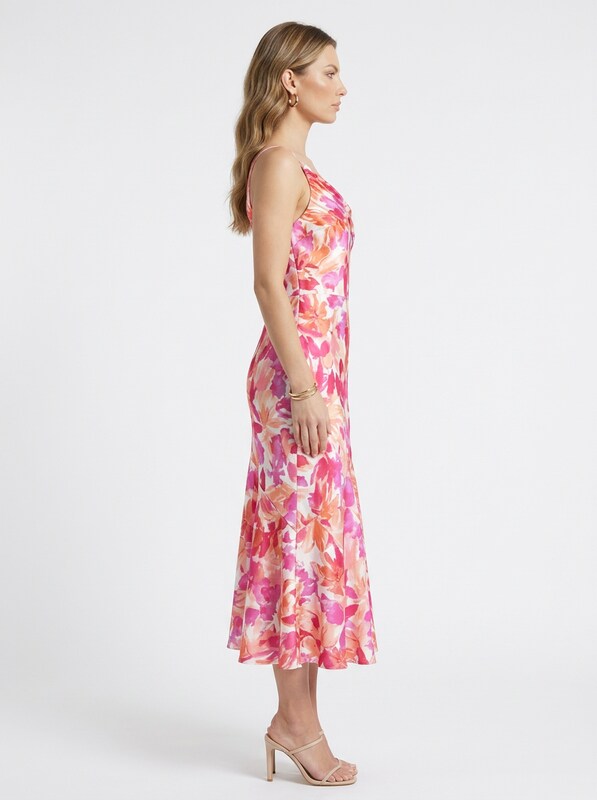 One Shoulder Floral Satin Midi Cocktail Dress