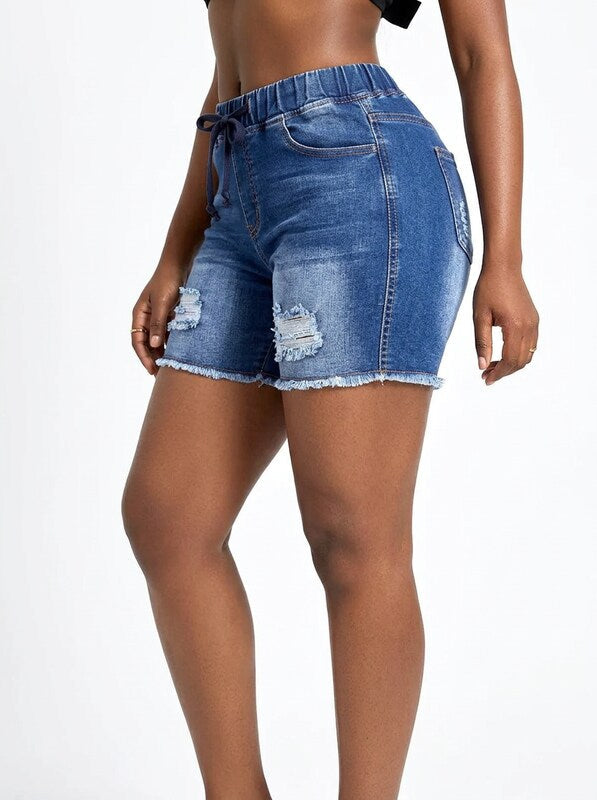 Stretch Denim Jeans Shorts for Women Drawstring Waist Skinny Fit