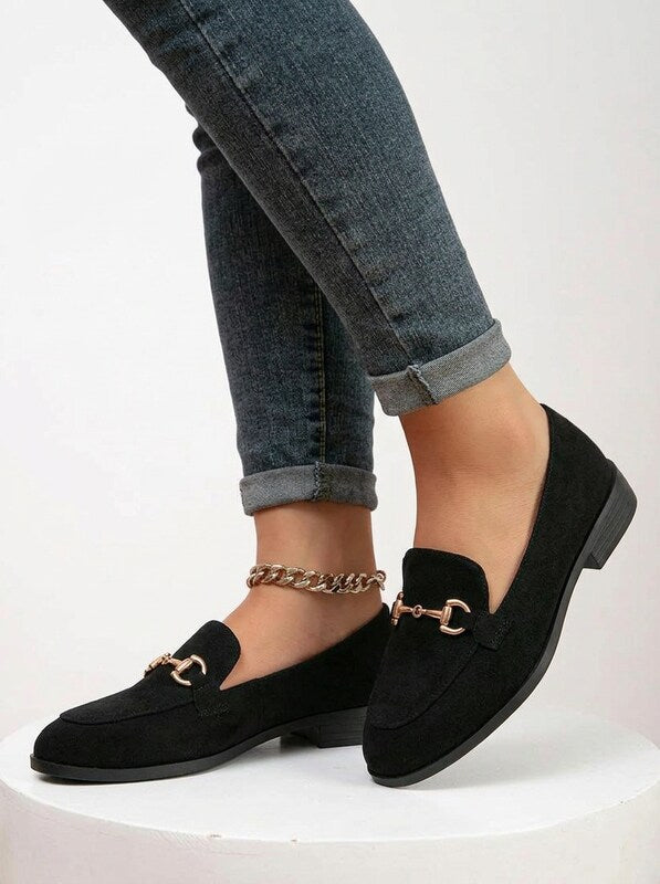 Women's Round Toe Metal Buckle Flat Loafers