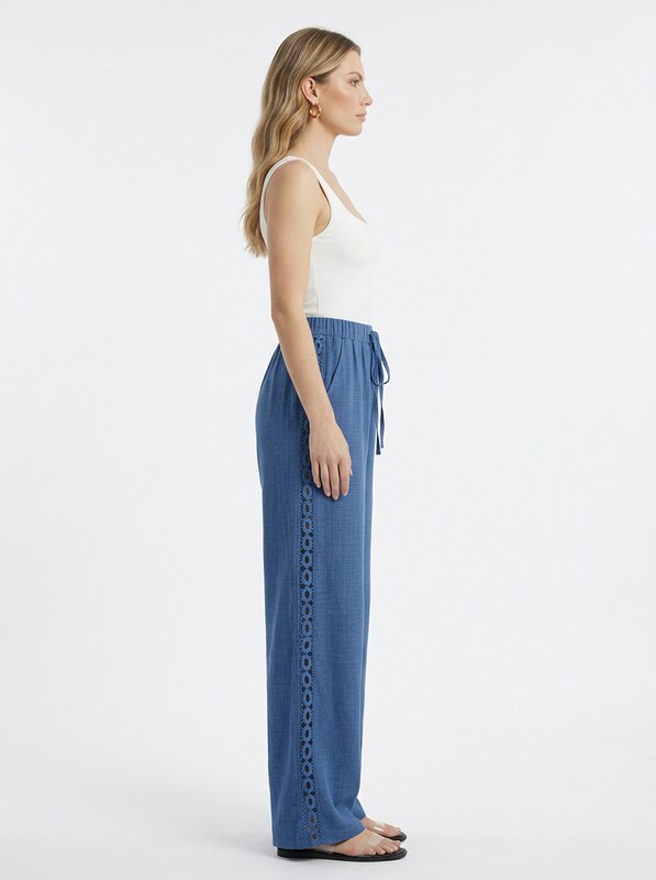 Women's Linen Blend Wide Leg Pants With Lace Hem