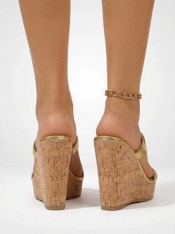 Gold Accent Cork Wedge Mules
