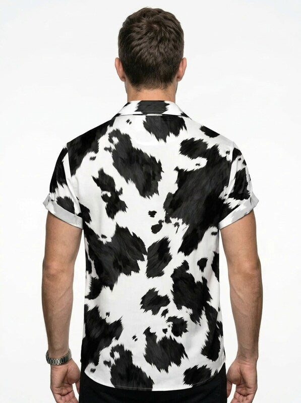Men’s Cow Print Short Sleeve Button Up Western Cowboy Shirt