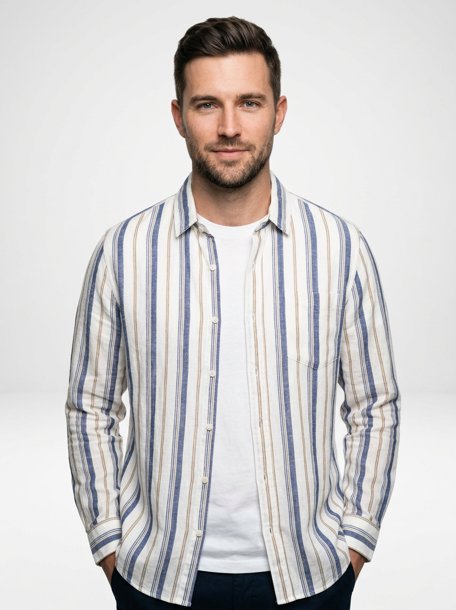 Men’s Lightweight Linen Stripe Button Down Shirt