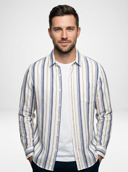 Men’s Lightweight Linen Stripe Button Down Shirt