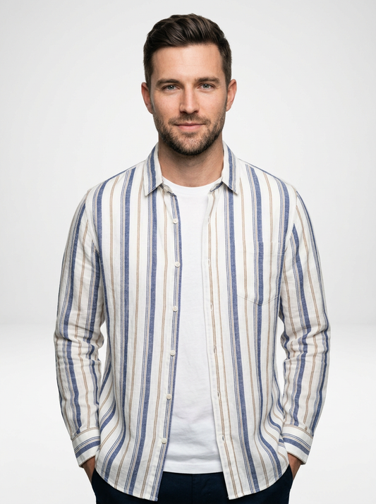 Men’s Lightweight Linen Stripe Button Down Shirt