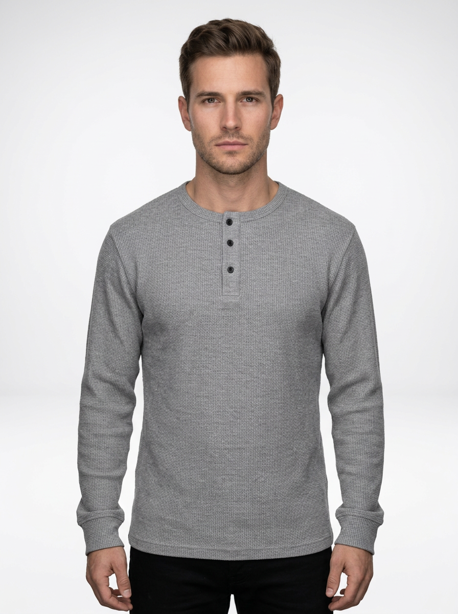 Men’s Long Sleeve Henley Pullover in Waffle Knit with Button Accents