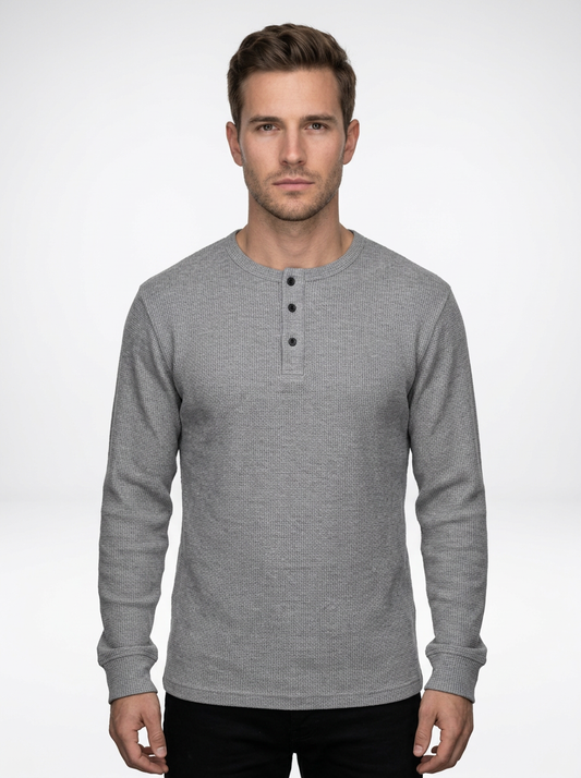 Men’s Long Sleeve Henley Pullover in Waffle Knit with Button Accents