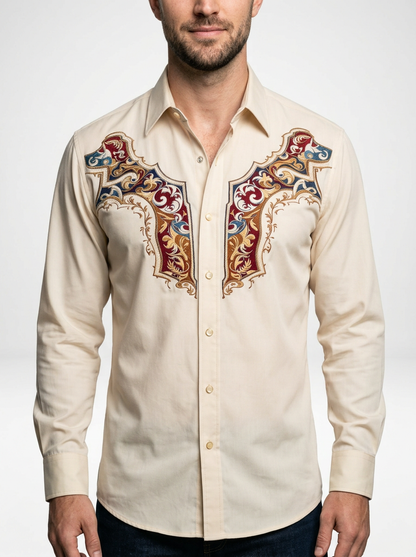 Men’s Retro Western Embroidered Long Sleeve Cowboy Shirt