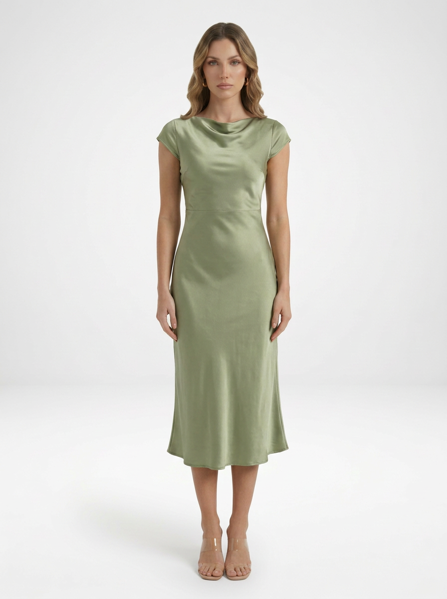 Cap Sleeve Satin Midi Cocktail Dress