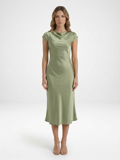 Cap Sleeve Satin Midi Cocktail Dress