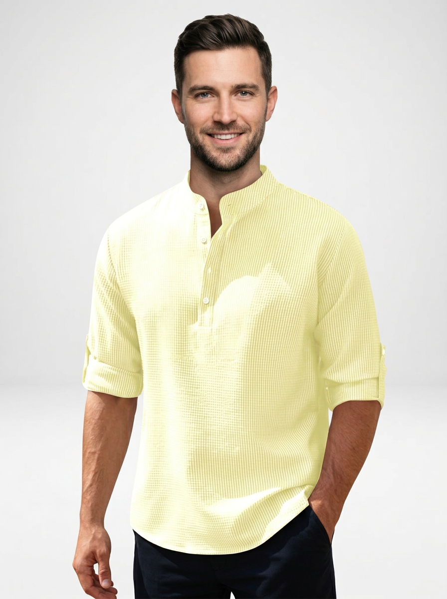 Men’s Long Sleeve Henley Stand Collar Button Shirt