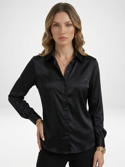 Women's Satin Long Sleeve Button-Up Blouse with Collar