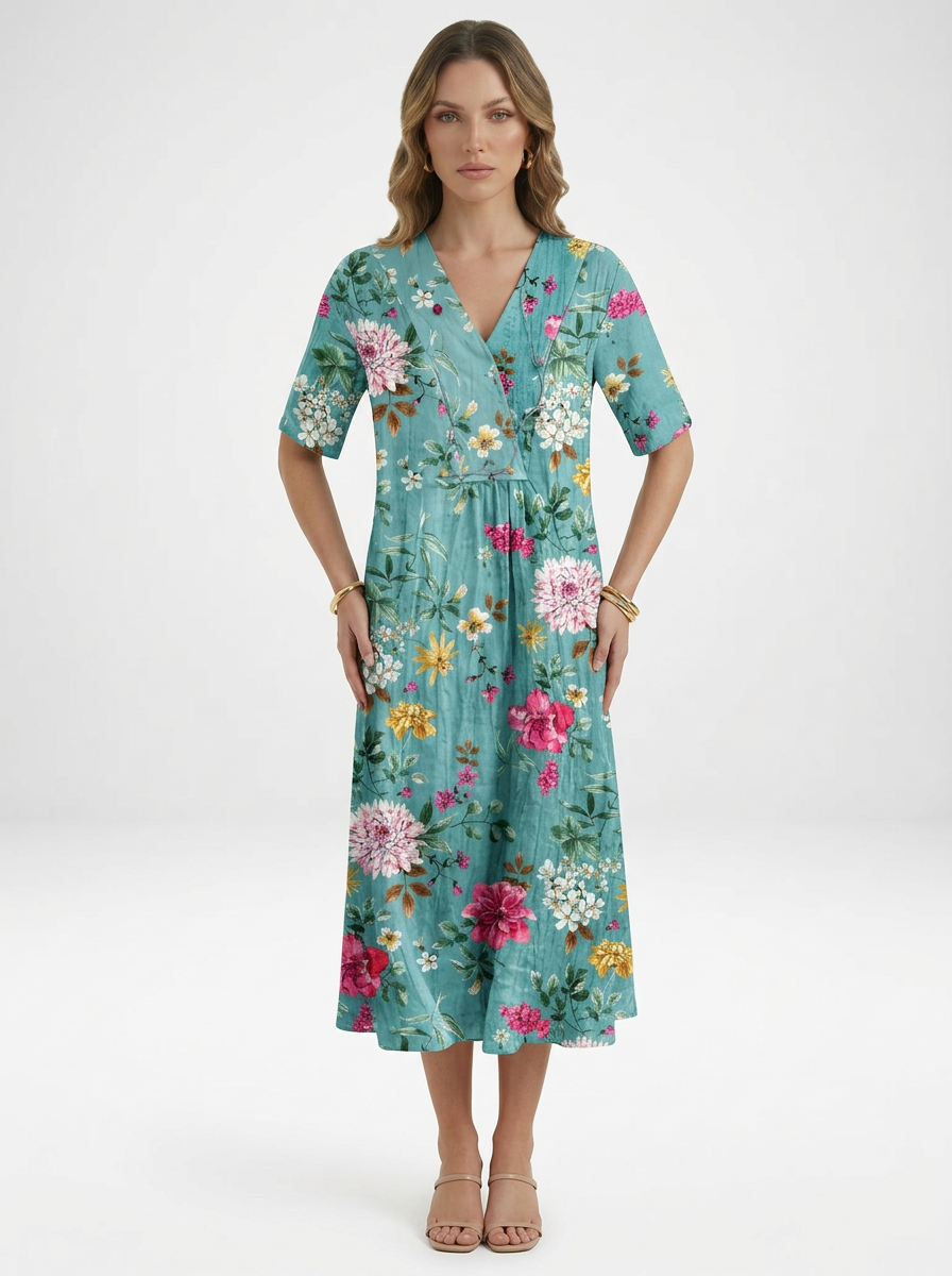 V-Neck Floral Beach Summer Midi Dress