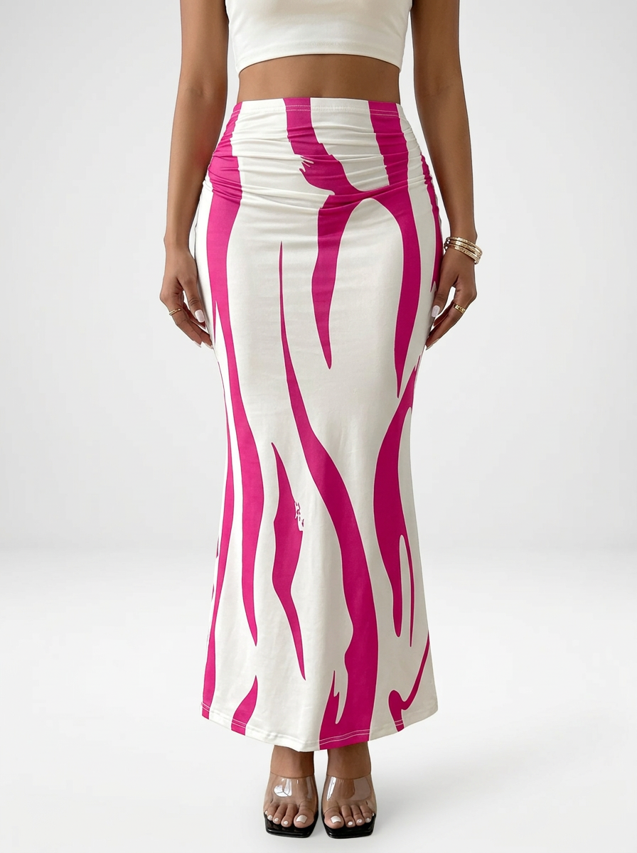 Printed Pleated Ruched Maxi Skirt
