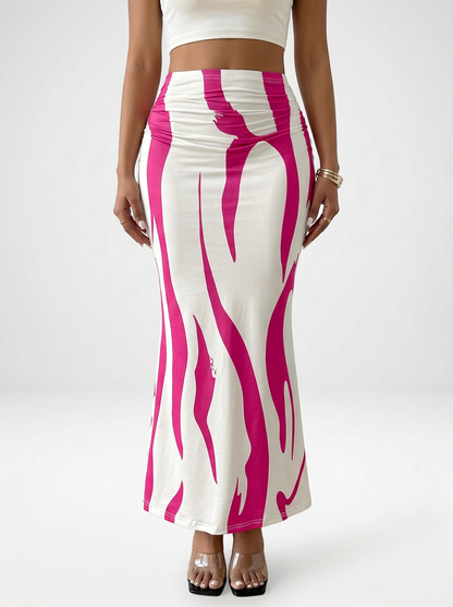 Printed Pleated Ruched Maxi Skirt