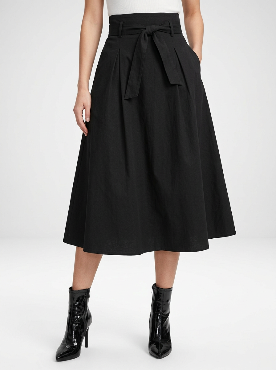 Pleated Midi Skirt with Back Tie Detail