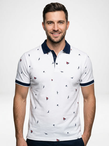 Men’s Short Sleeve Polo Shirt with All-Over Print and Contrast Trim