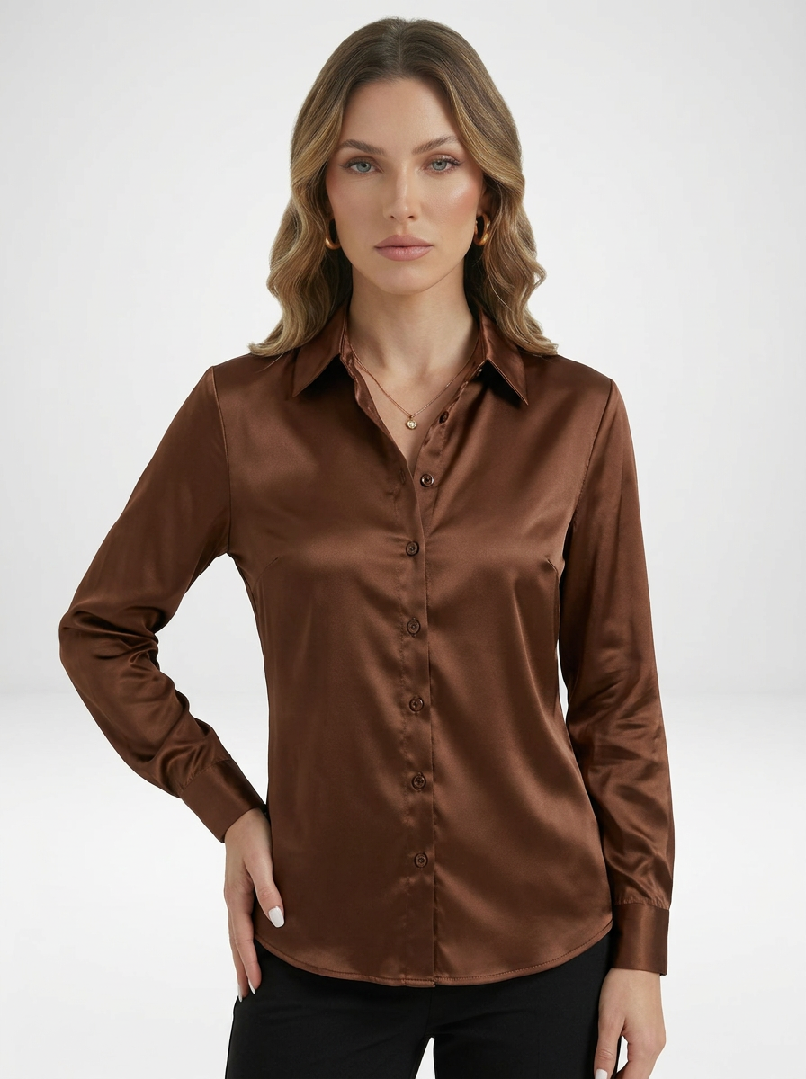 Women's Satin Long Sleeve Button-Up Blouse with Collar