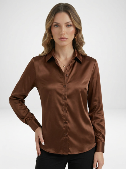 Women's Satin Long Sleeve Button-Up Blouse with Collar