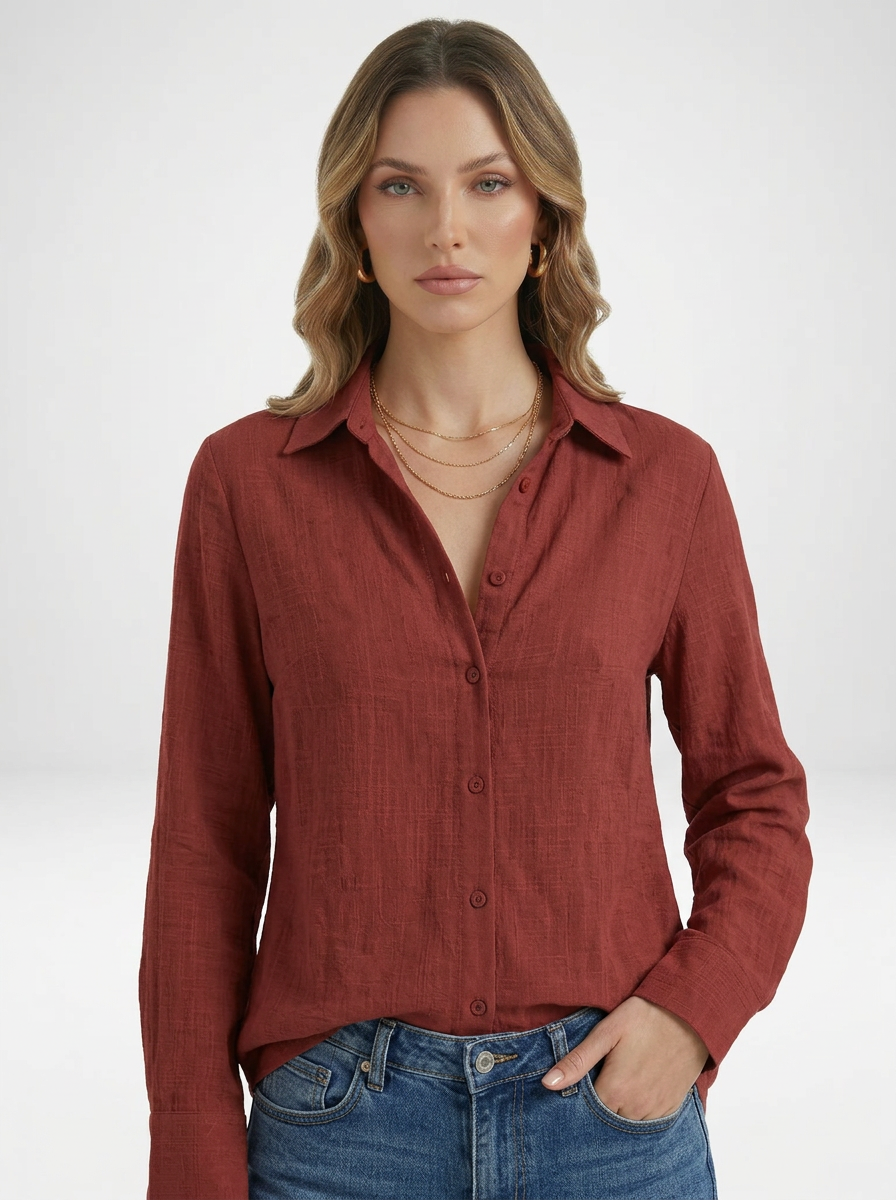 Women's Solid Button Front Long Sleeve Collared Blouse