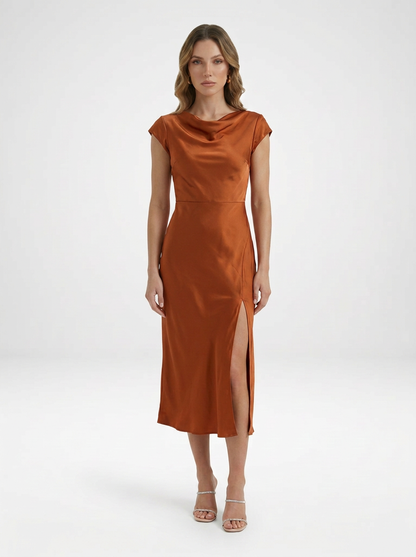 Cap Sleeve Satin Midi Cocktail Dress