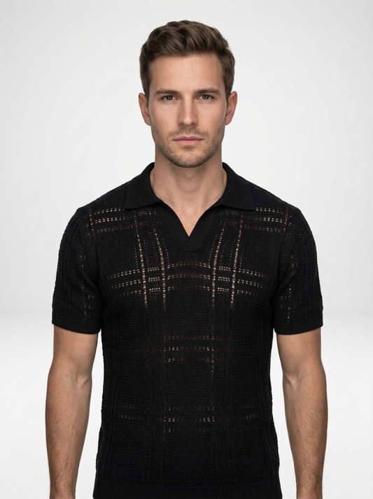 Open Collar Polo Shirt with Textured Knit