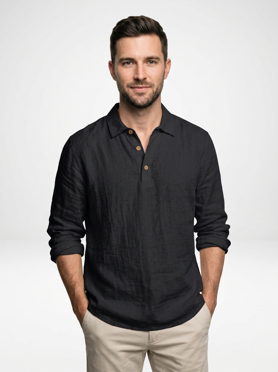 Men’s Relaxed Fit Linen Long Sleeve Polo Shirt