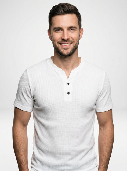 Men’s Short Sleeve Henley Tee Featuring Notched Collar and Button Accents