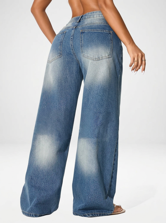 Women's Low Waist Wide Leg Blue Denim Jeans