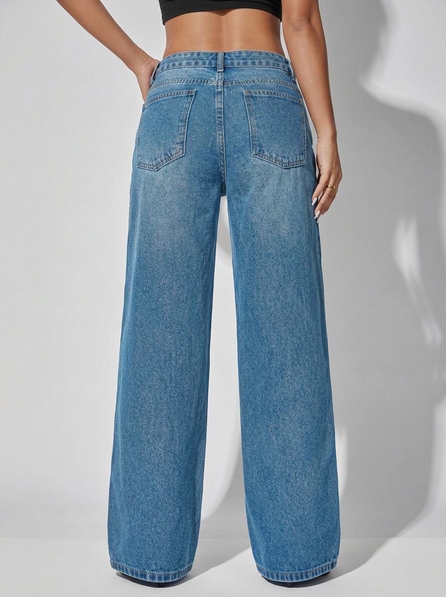Women's Low Waist Wide Leg Blue Denim Jeans