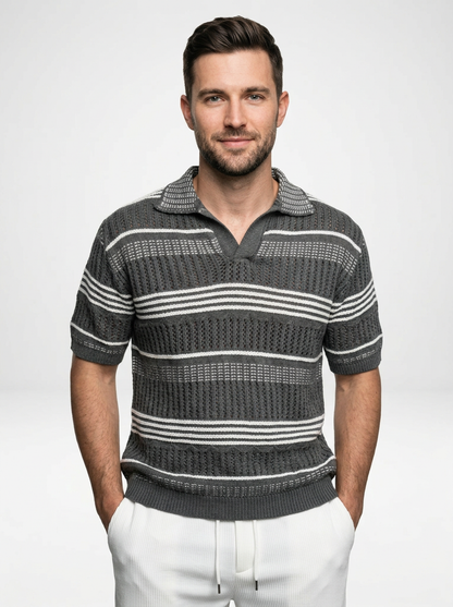 Men’s Striped Knit Polo Shirt with Relaxed Coastal Hollow-Out Design