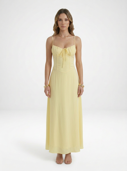 Sleeveless and Ruched Bodice Wedding Guest Maxi Dress