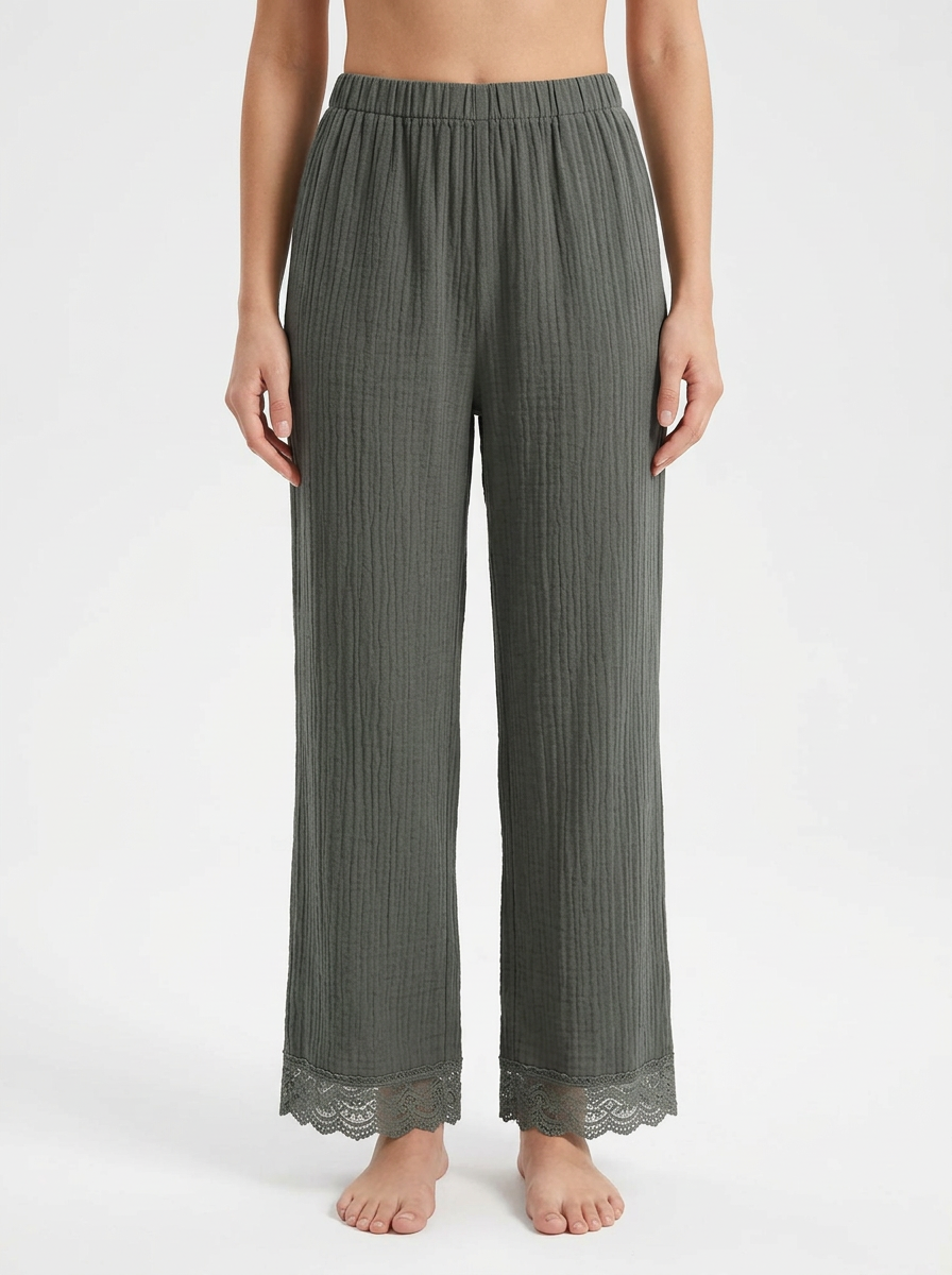 Women's Linen Blend Wide Leg Pants With Lace Hem