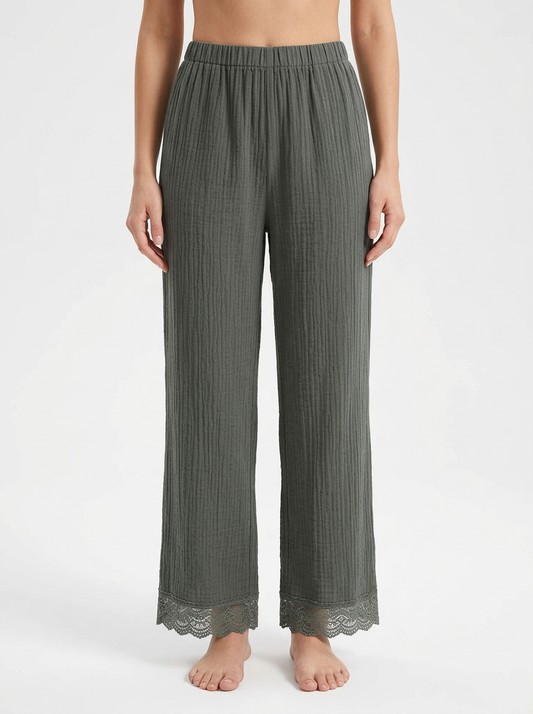 Women's Linen Blend Wide Leg Pants With Lace Hem