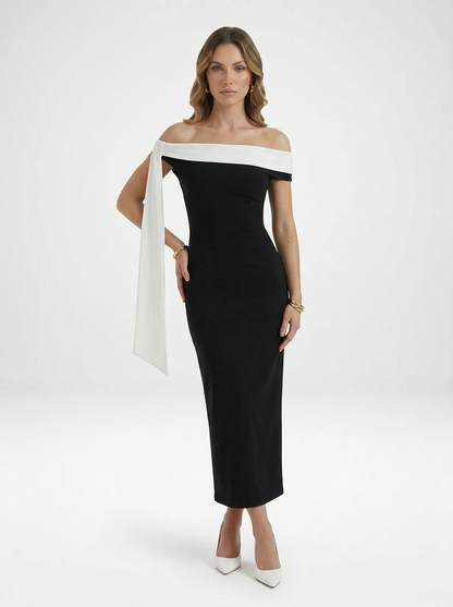Elegant Off Shoulder Evening Gown Midi Dress