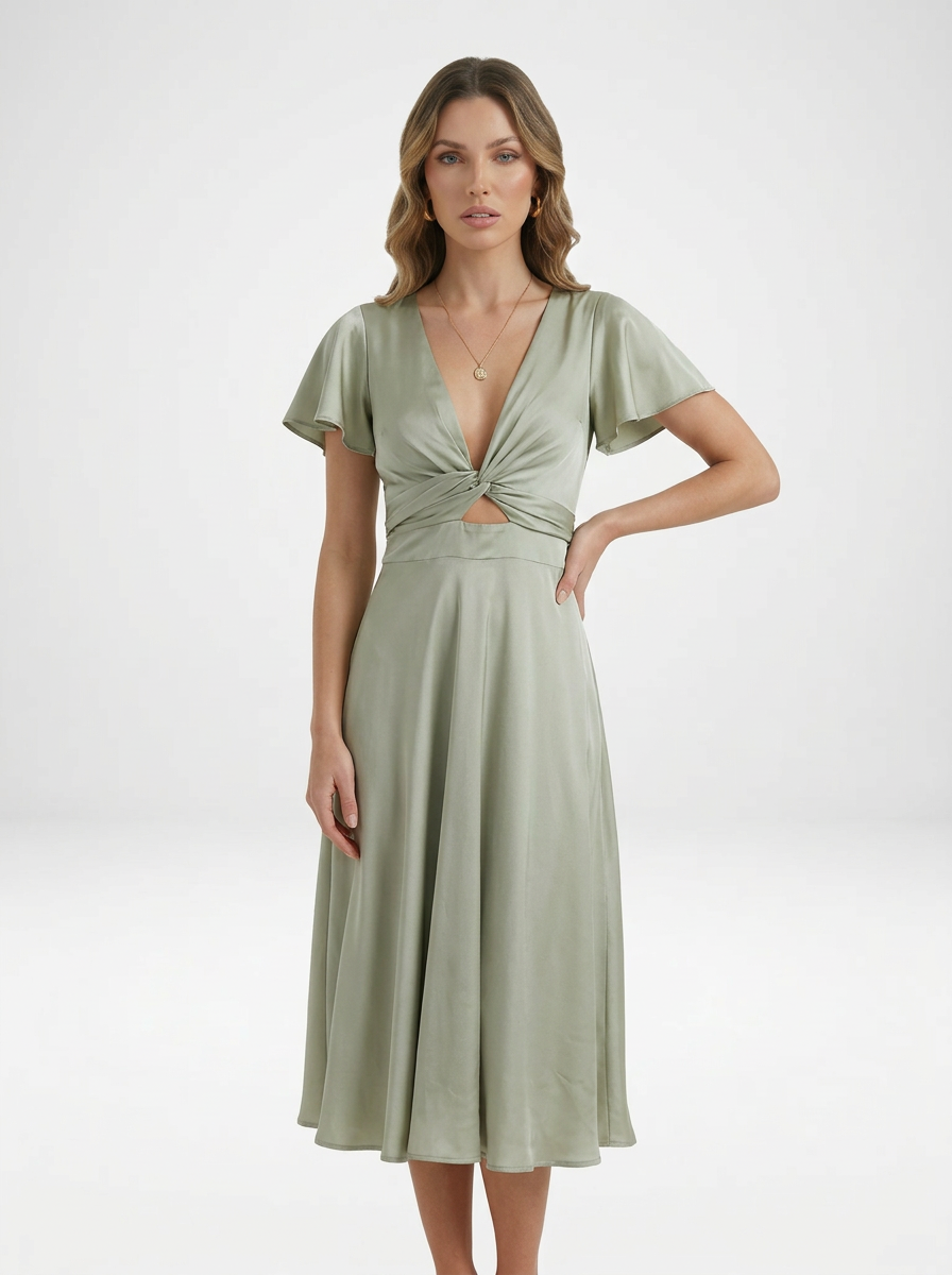 V Neck Twist Front Flutter Sleeve Midi Cocktail Dress