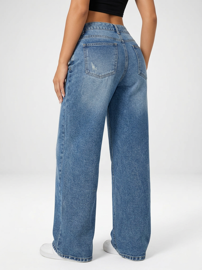 Women's Low Waist Wide Leg Blue Denim Jeans