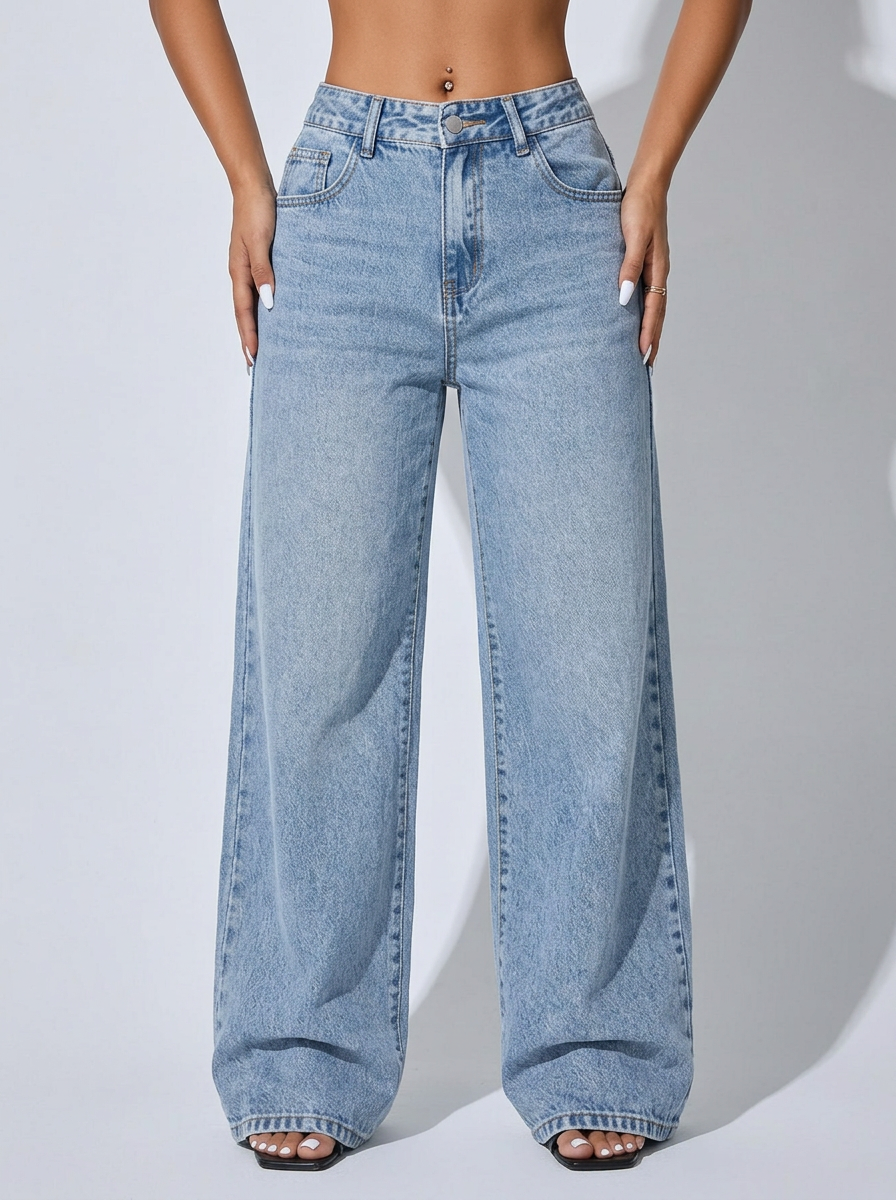 Women's Low Waist Wide Leg Blue Denim Jeans