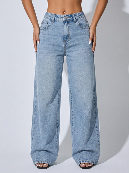 Women's Low Waist Wide Leg Blue Denim Jeans