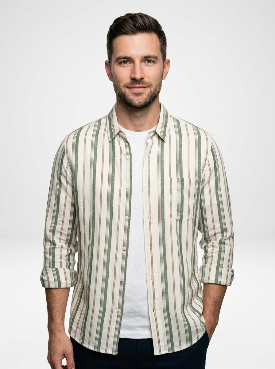 Men’s Lightweight Linen Stripe Button Down Shirt
