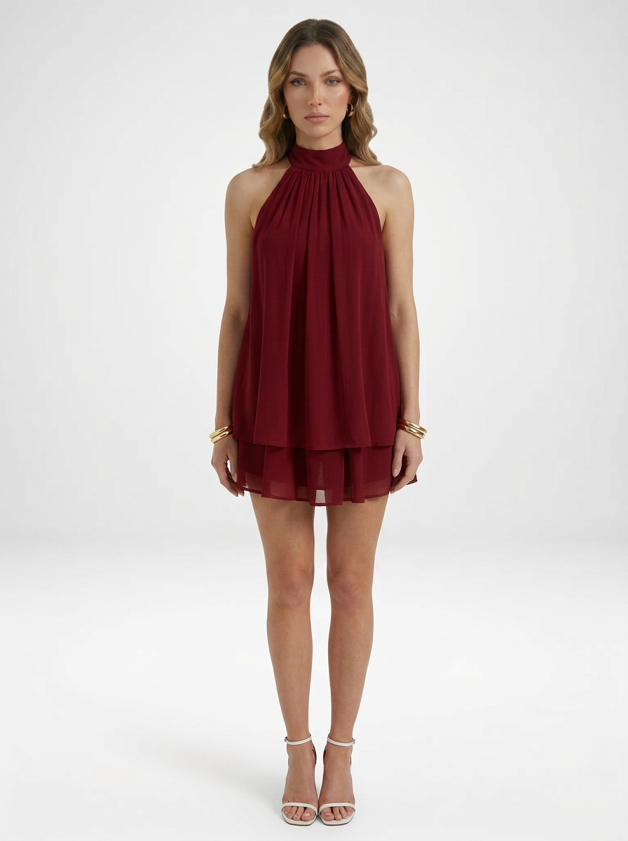 Halter Backless Tie Back Chiffon Mini Cocktail Dress