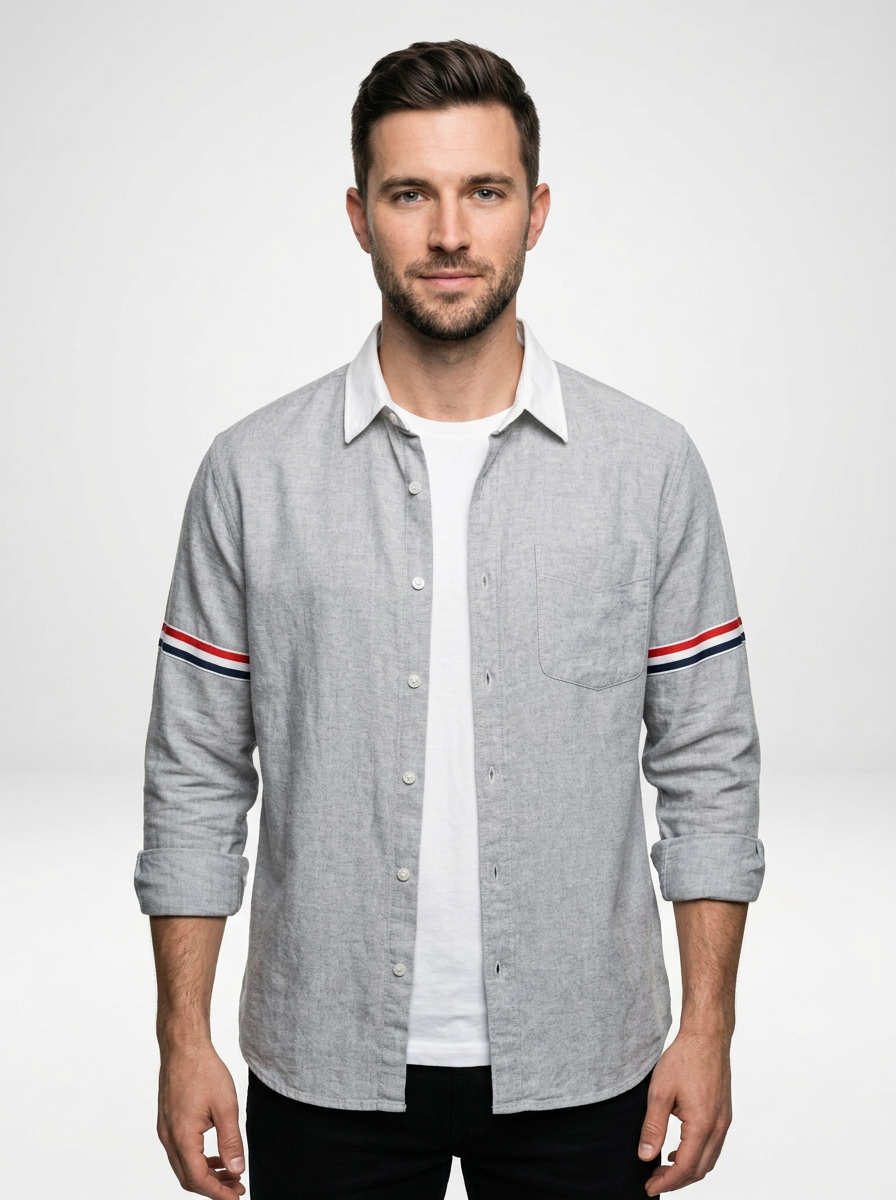 Men’s Minimal Linen Button Down Shirt with Contrast Sleeve Stripes