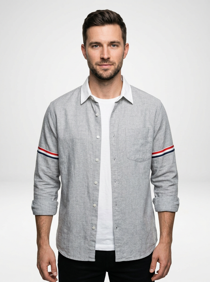 Men’s Minimal Linen Button Down Shirt with Contrast Sleeve Stripes