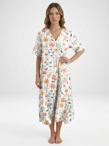 V-Neck Floral Beach Summer Midi Dress