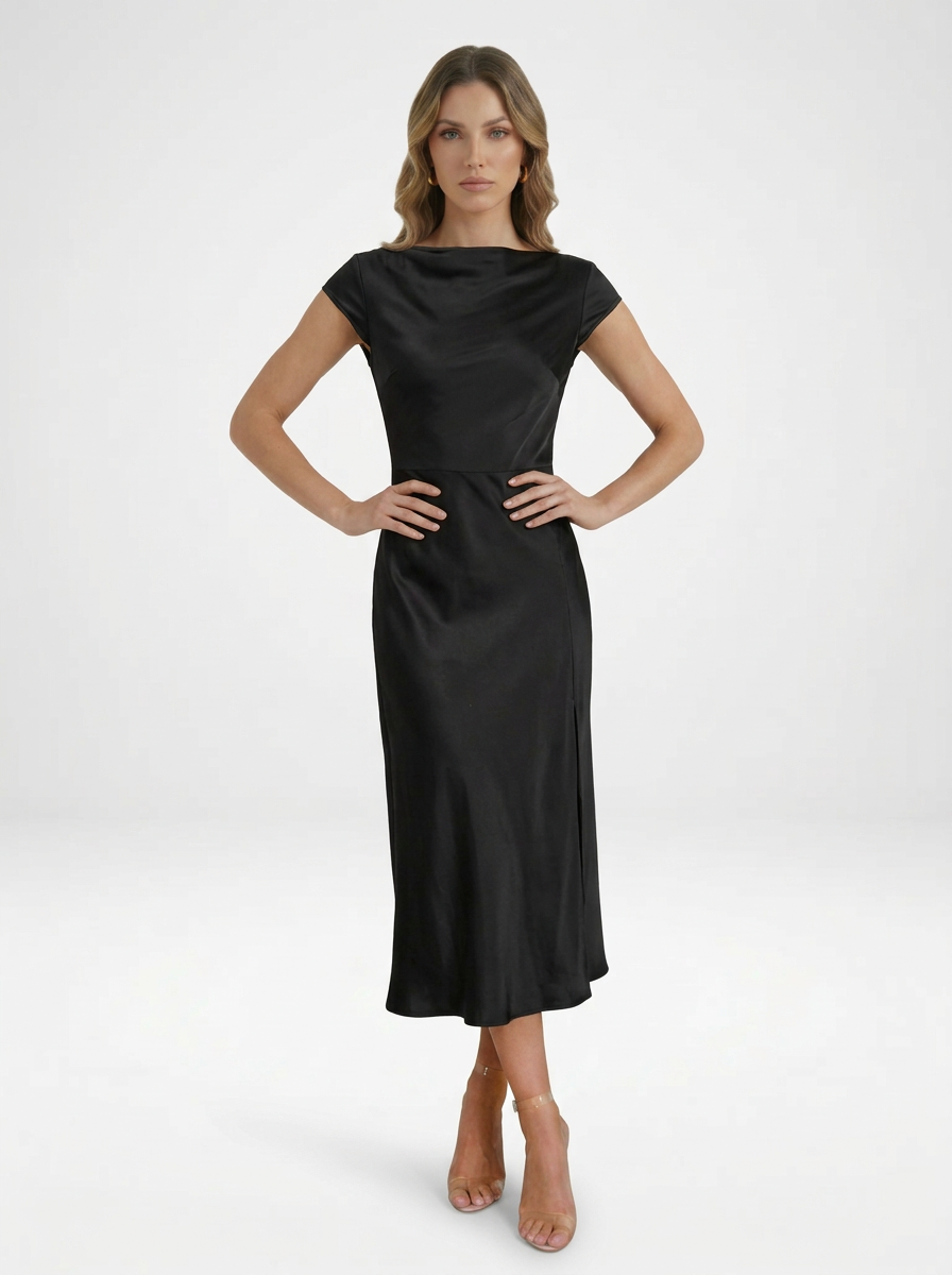 Cap Sleeve Satin Midi Cocktail Dress