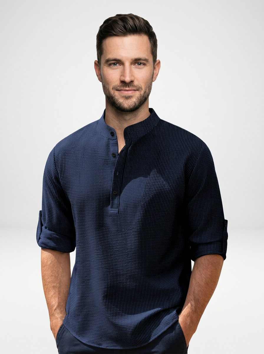 Men’s Long Sleeve Henley Stand Collar Button Shirt